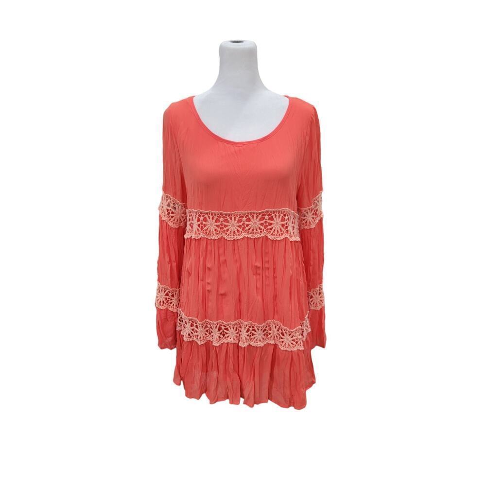 Blu Pepper Lace Inset Flare Sleeve Crinkle Boho Blouse‎ Coral Size Small